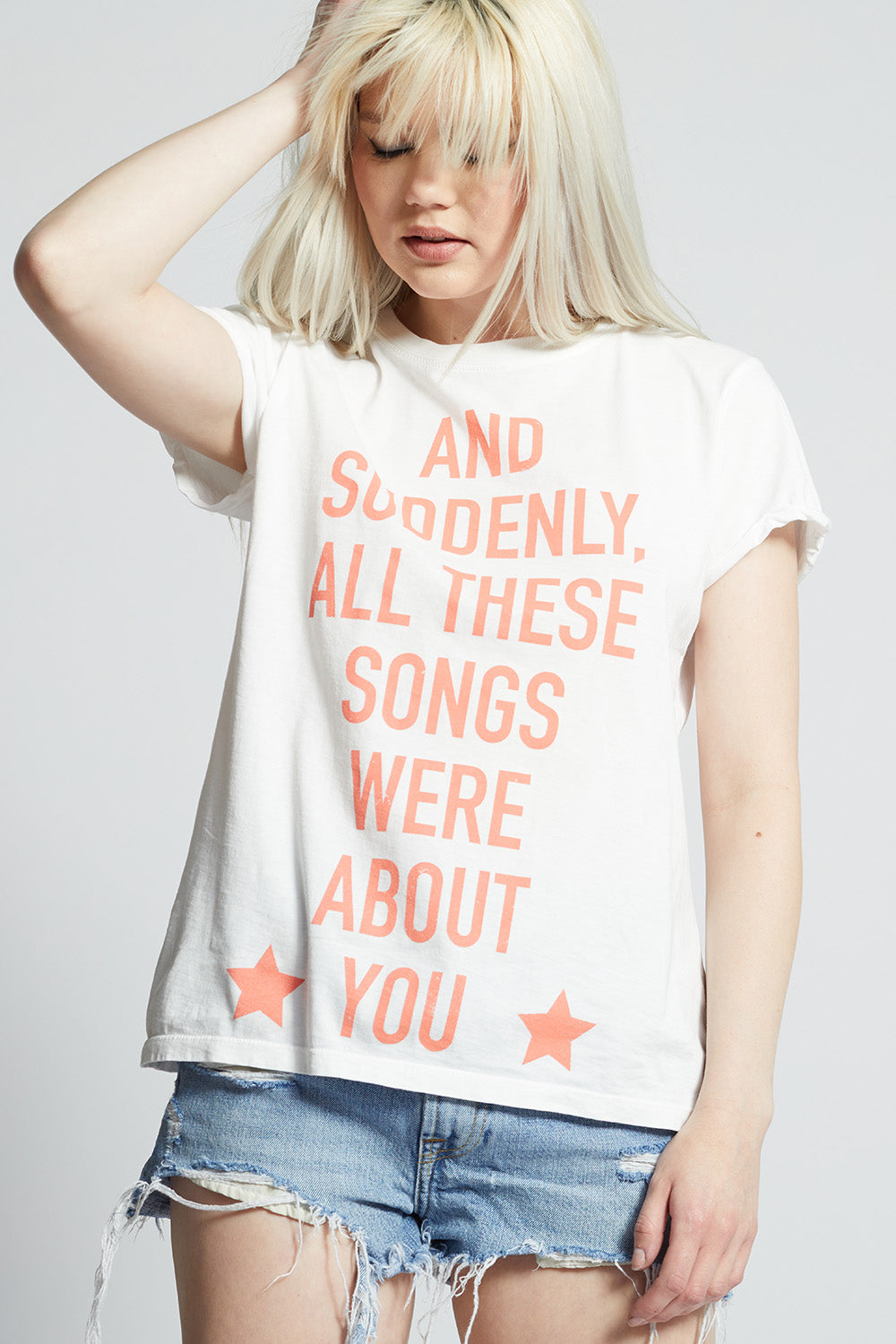 Women's Songs About You T-shirt in White with stars and lightning bolt graphic
