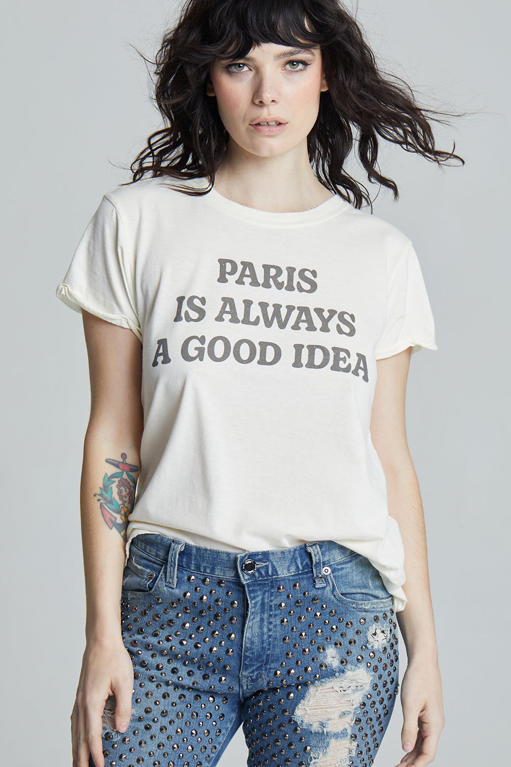 Women's Bonjour Paris T-shirt in Pearl with Paris text on front and Bonjour on back