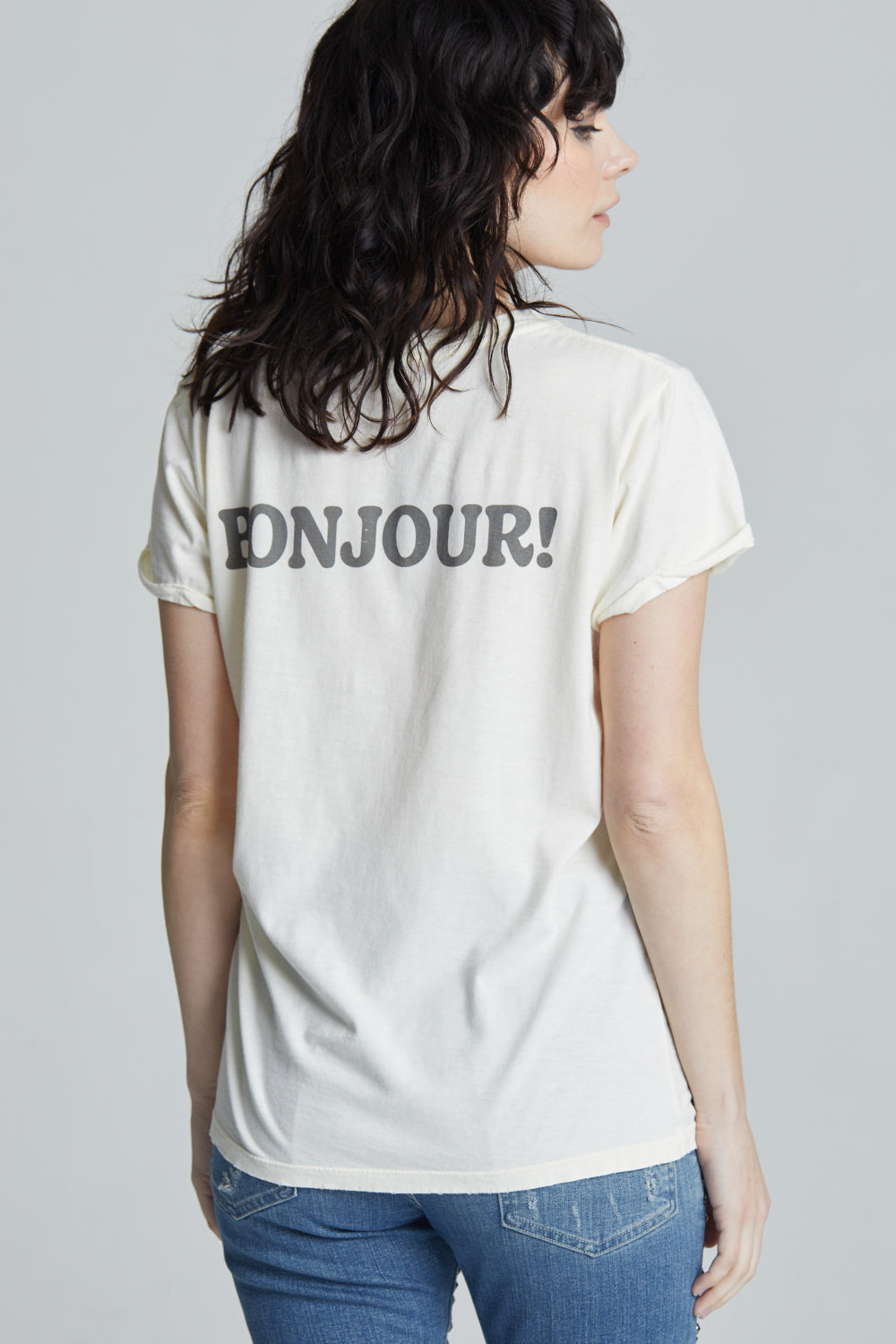 Women's Bonjour Paris T-shirt in Pearl with Paris text on front and Bonjour on back