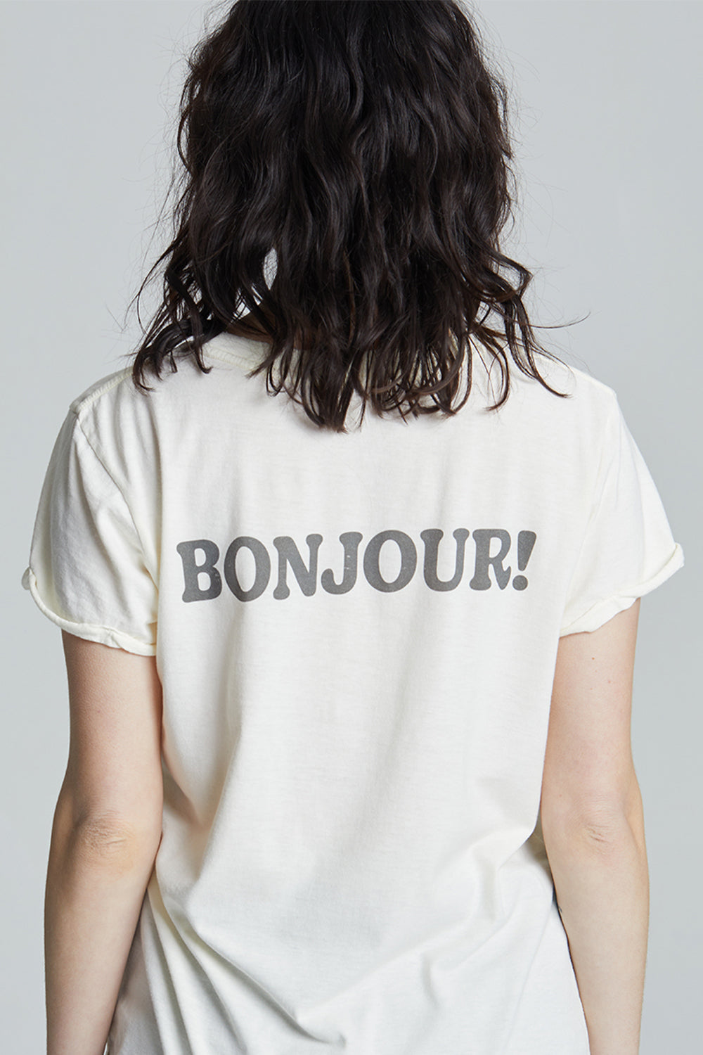 Women's Bonjour Paris T-shirt in Pearl with Paris text on front and Bonjour on back