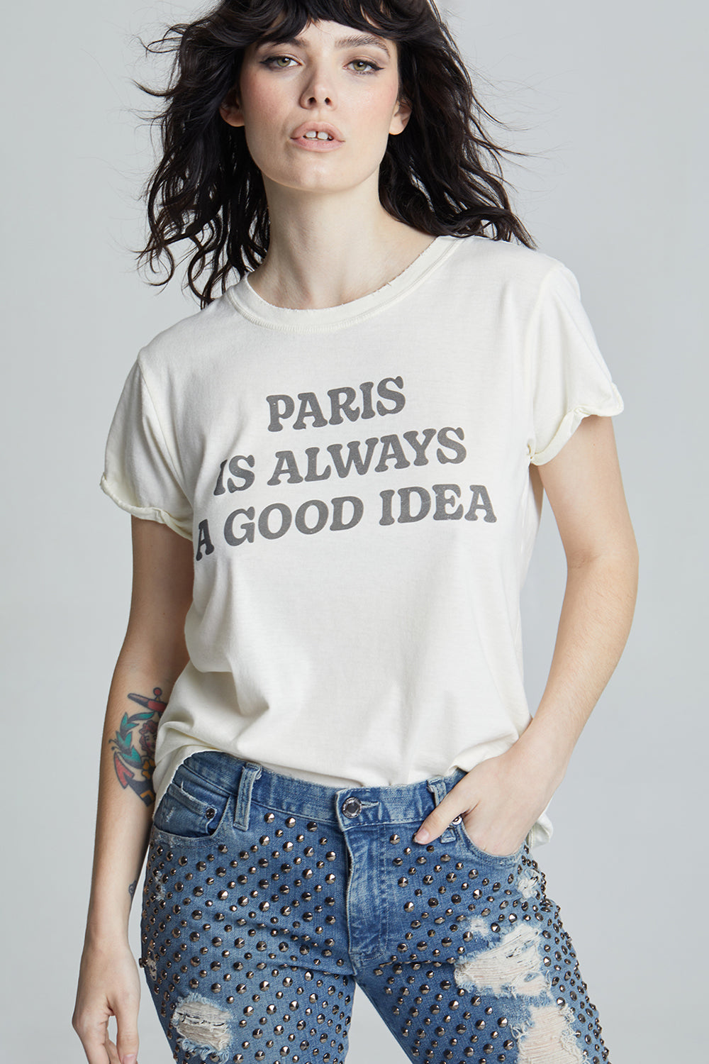 Women's Bonjour Paris T-shirt in Pearl with Paris text on front and Bonjour on back