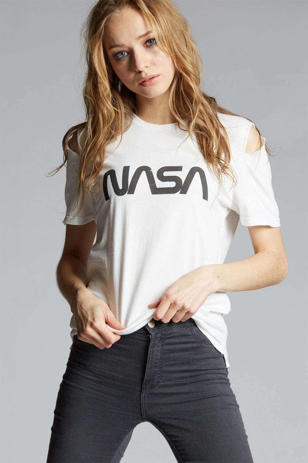 Women's NASA Slit Sleeve T-shirt in White with NASA graphic and sleeve cut-outs