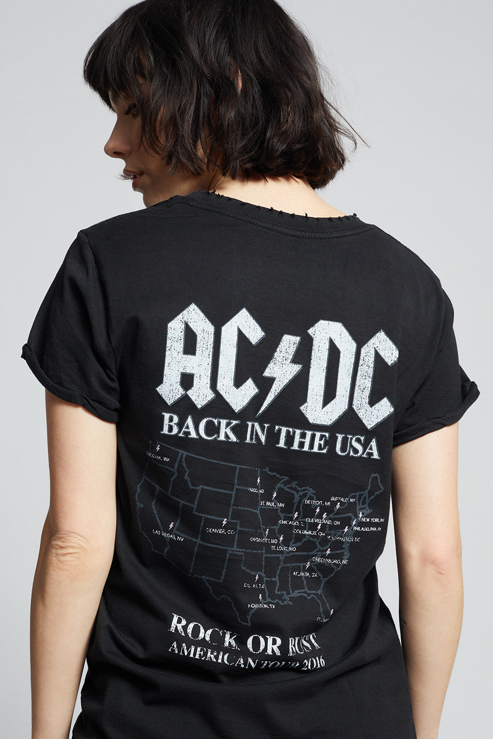 Women's AC/DC Back In Black T-shirt with album and tour graphics