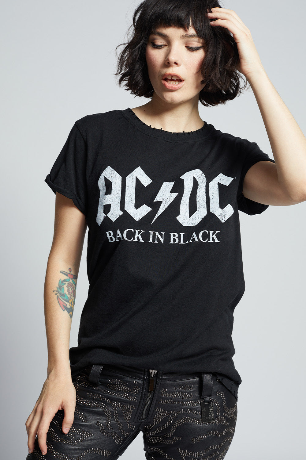 Women's AC/DC Back In Black T-shirt with album and tour graphics
