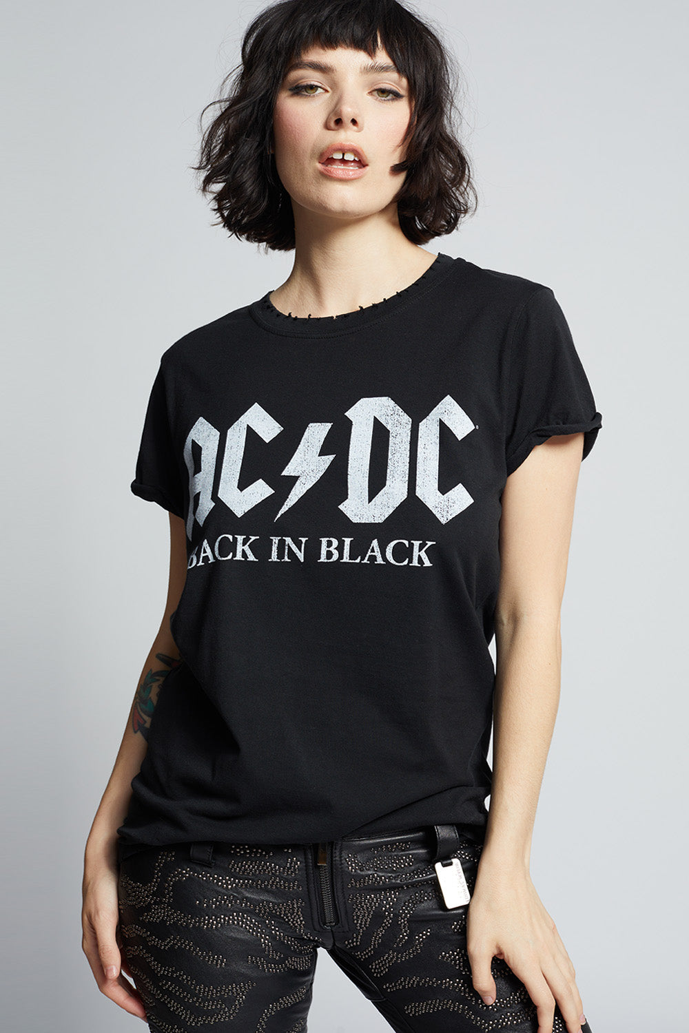 Women's AC/DC Back In Black T-shirt with album and tour graphics