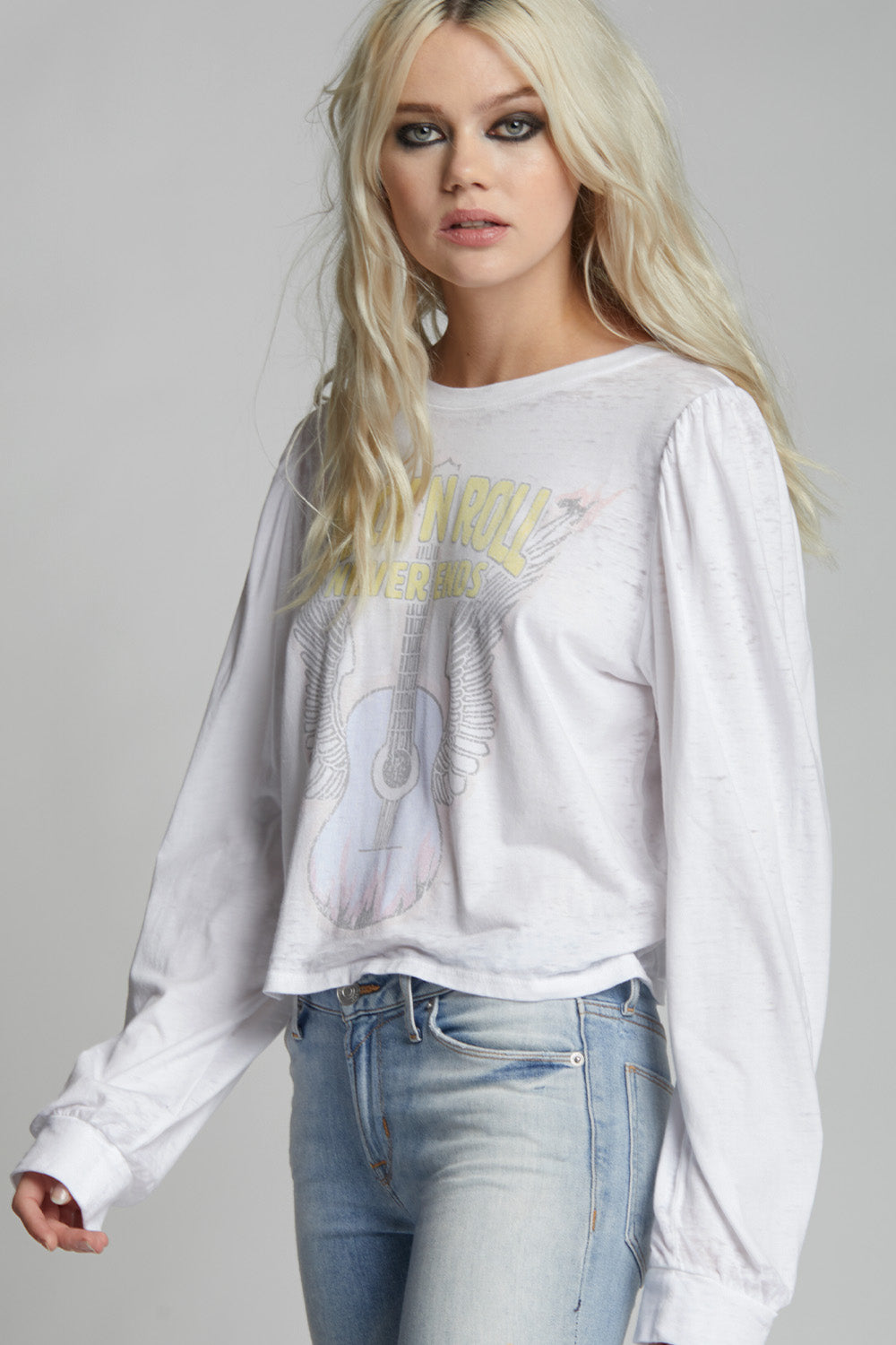 Women's Rock N Roll Never Ends Puff Sleeve T-shirt in White with glam rock graphic