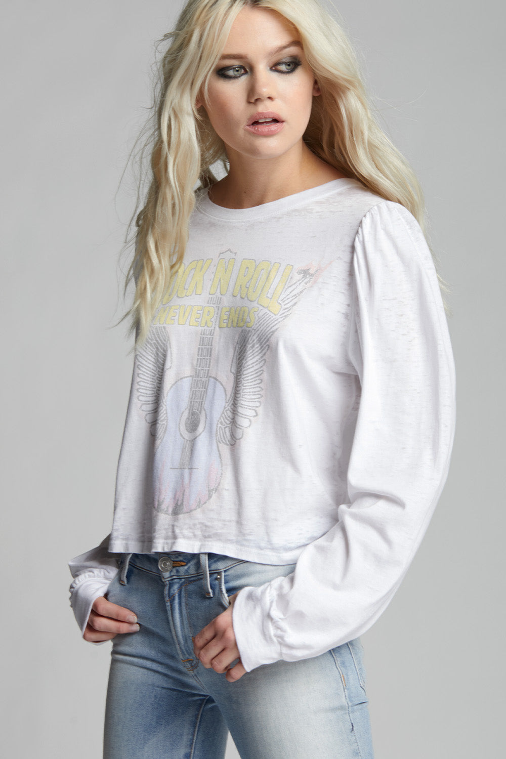 Women's Rock N Roll Never Ends Puff Sleeve T-shirt in White with glam rock graphic