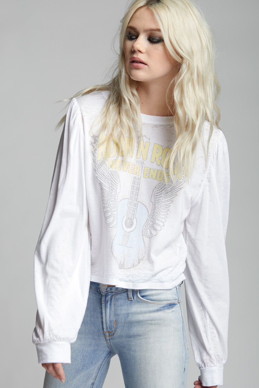 Women's Rock N Roll Never Ends Puff Sleeve T-shirt in White with glam rock graphic