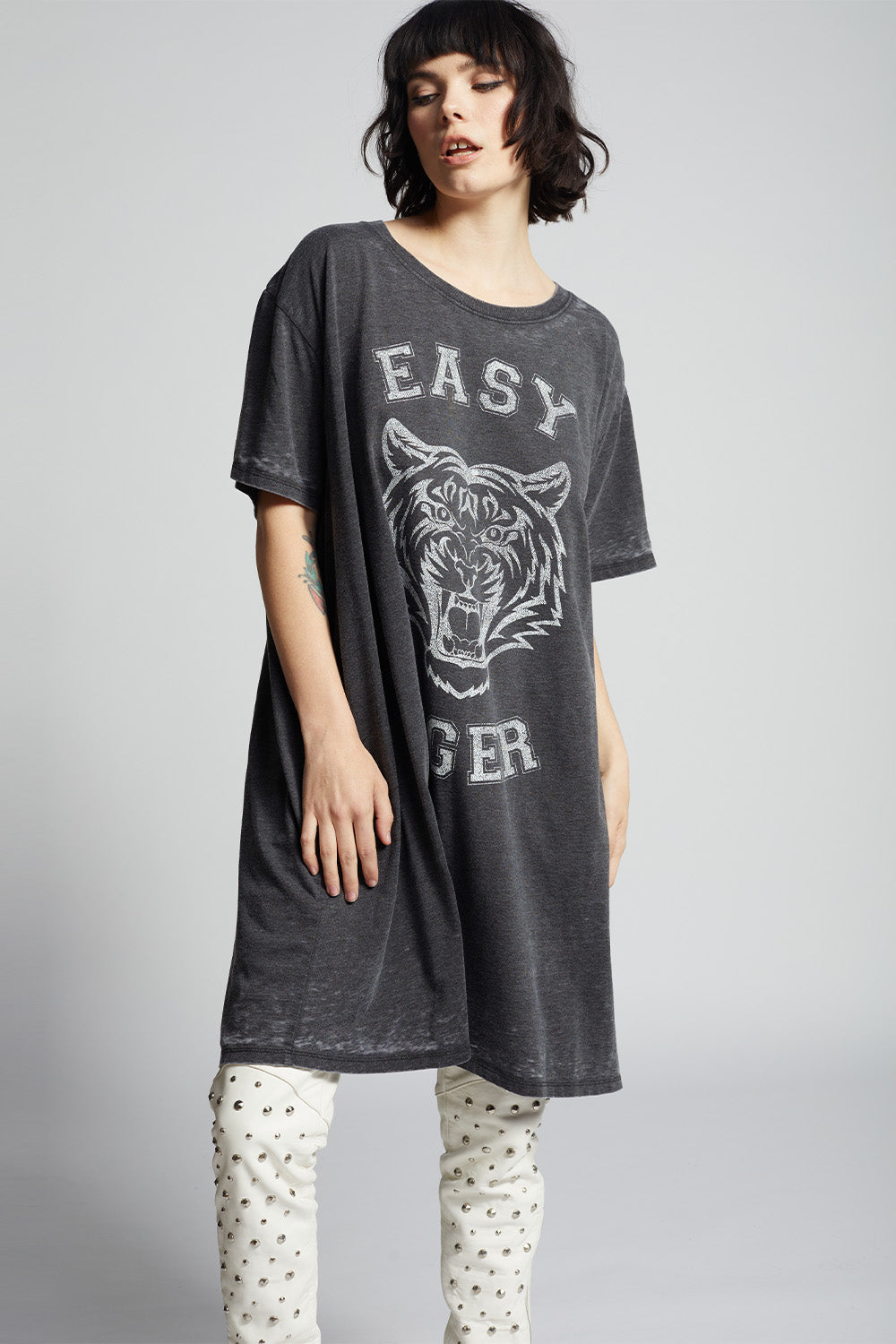 Black oversized 'Easy Tiger' t-shirt dress with a tiger graphic and 'Easy Tiger' text on vintage washed fabric.