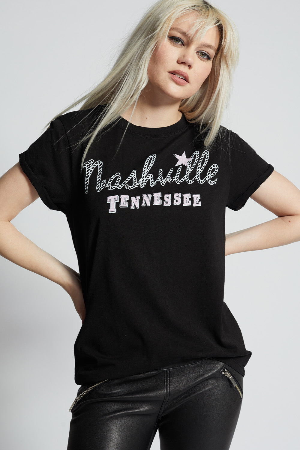 Black slim fit 'Nashville Tennessee' t-shirt with country song text and distressed hems.