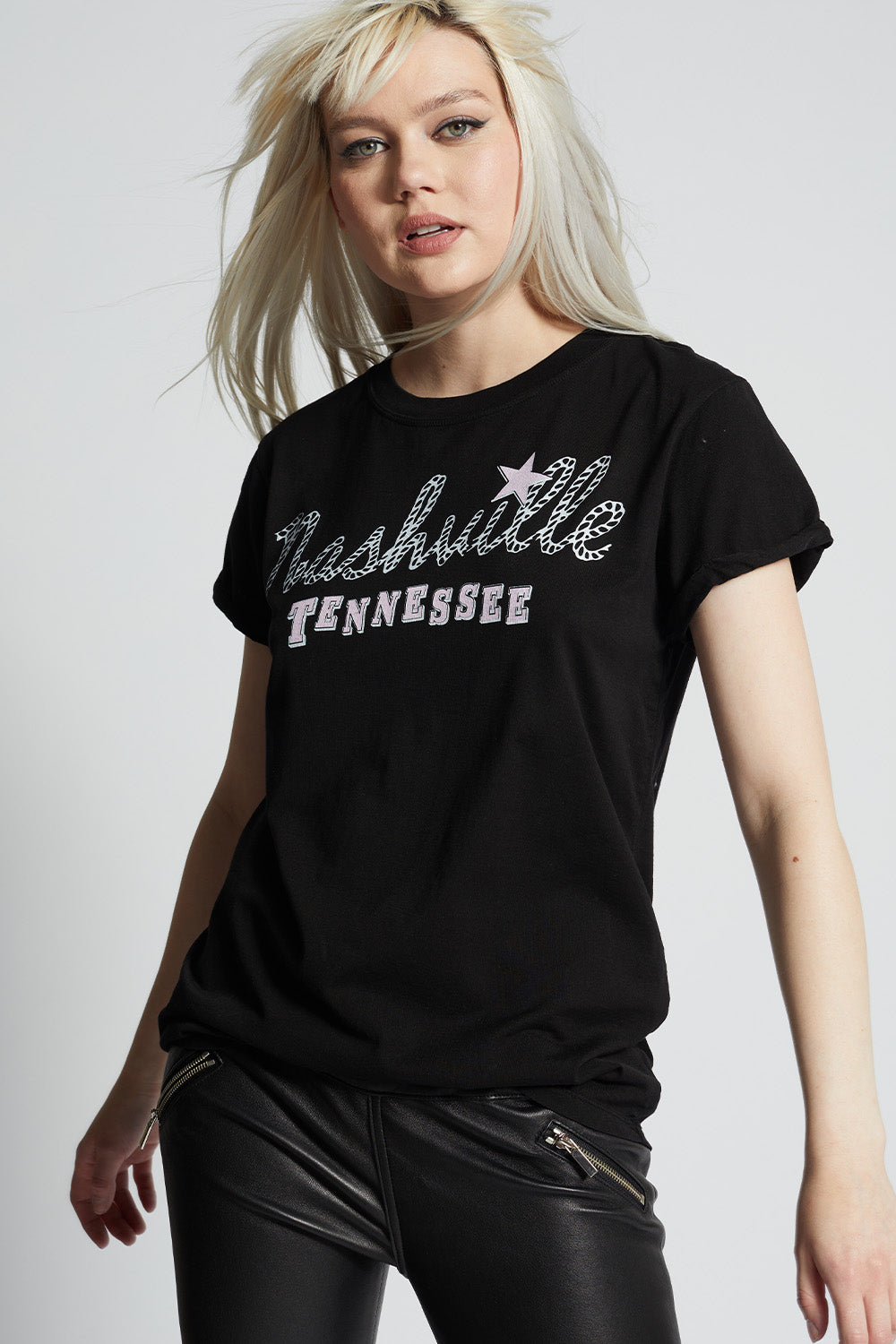 Black slim fit 'Nashville Tennessee' t-shirt with country song text and distressed hems.