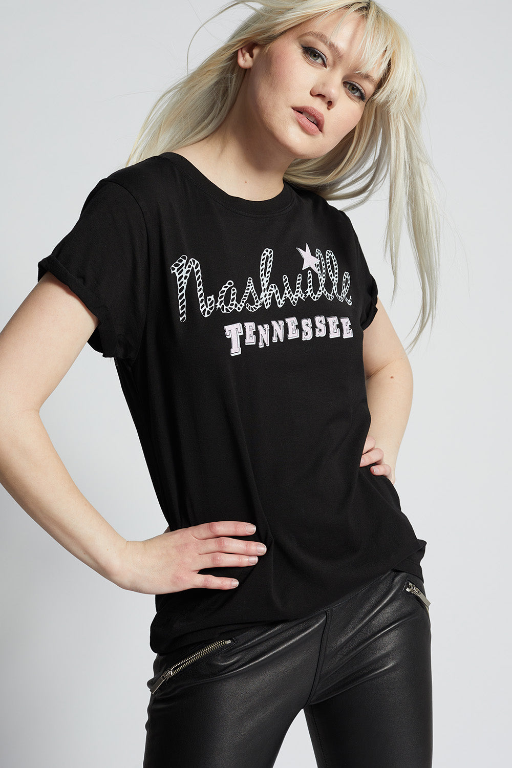 Black slim fit 'Nashville Tennessee' t-shirt with country song text and distressed hems.