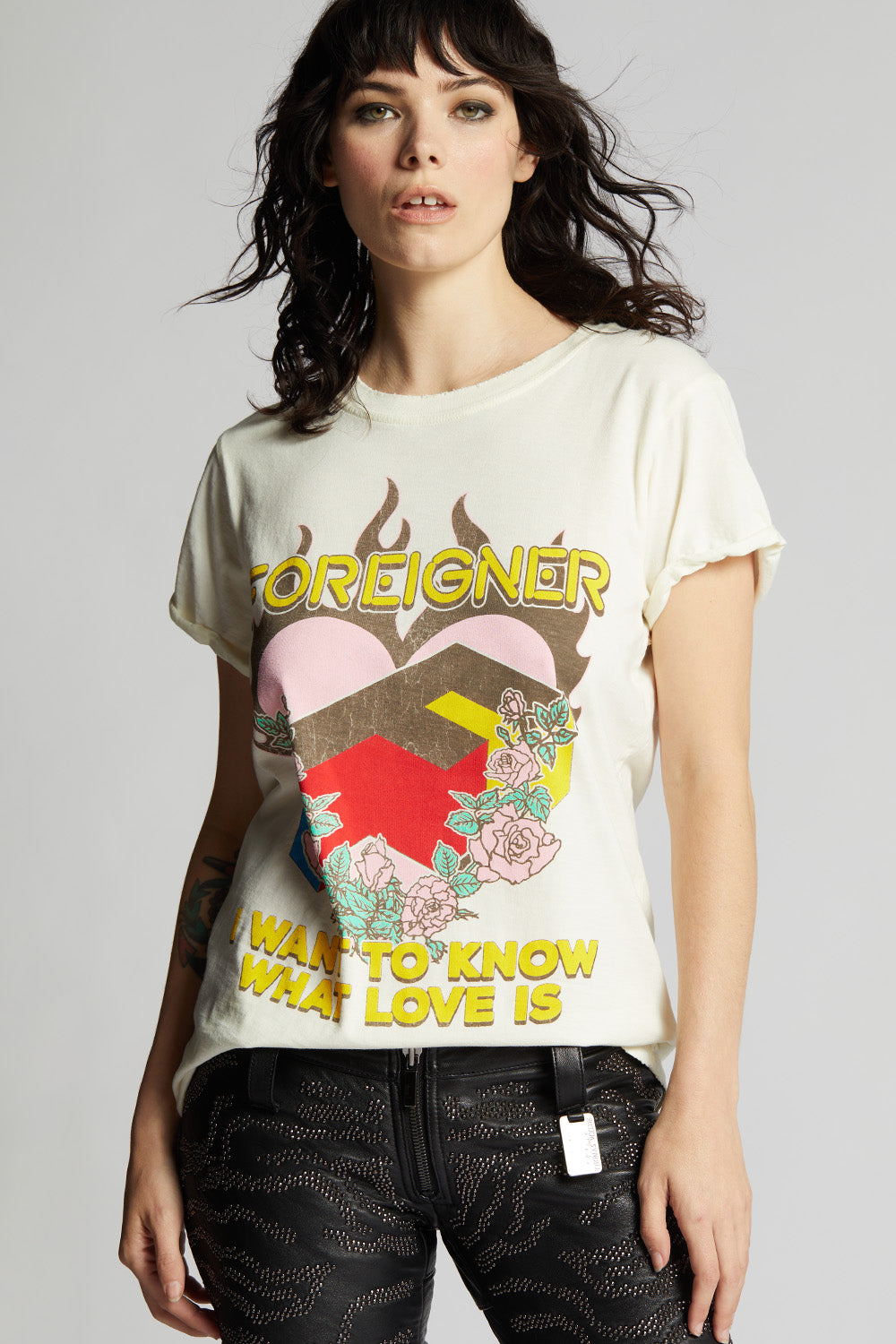 Women's Foreigner What Love Is T-shirt with burning heart and roses graphic