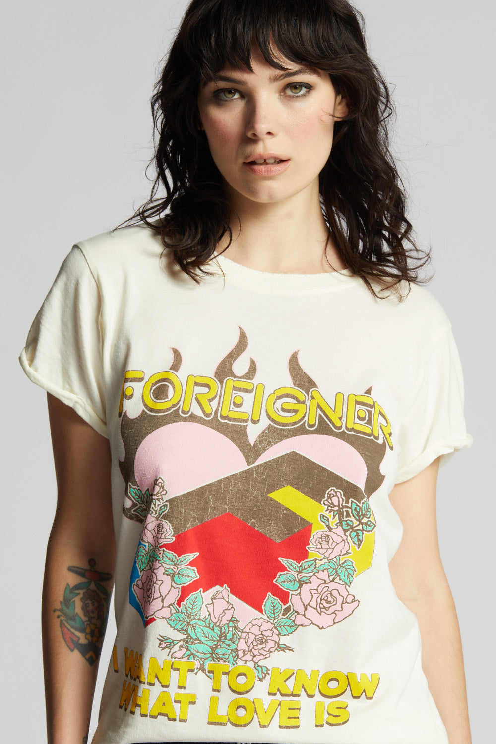 Women's Foreigner What Love Is T-shirt with burning heart and roses graphic