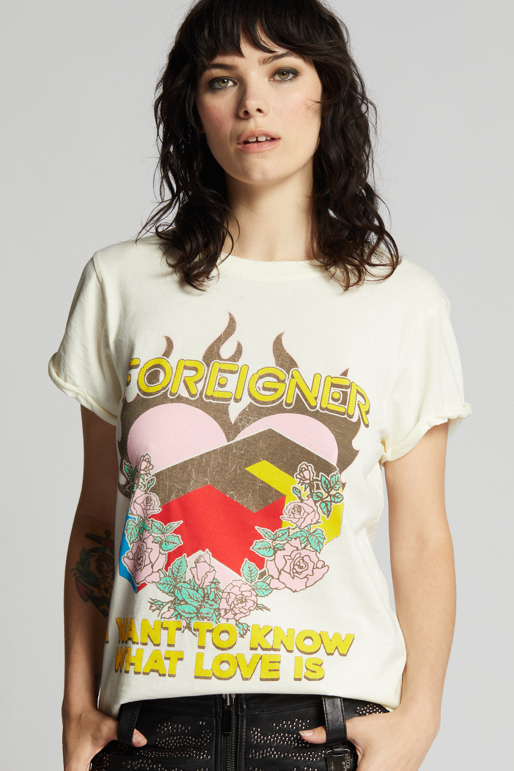 Women's Foreigner What Love Is T-shirt with burning heart and roses graphic