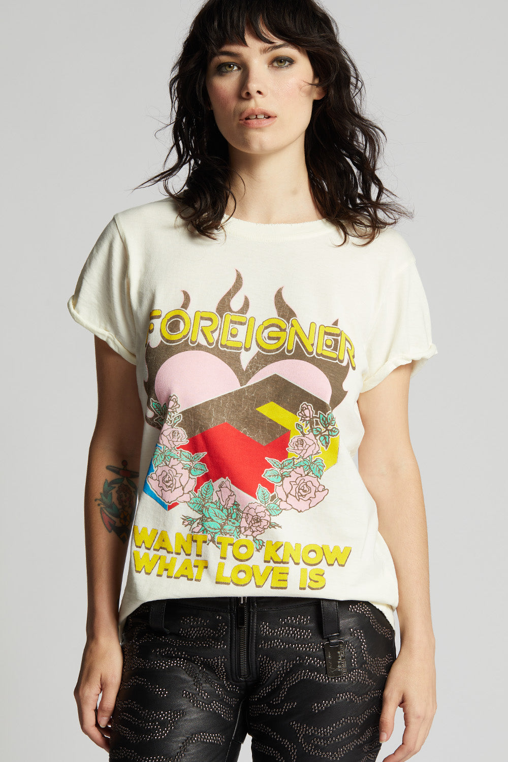 Women's Foreigner What Love Is T-shirt with burning heart and roses graphic