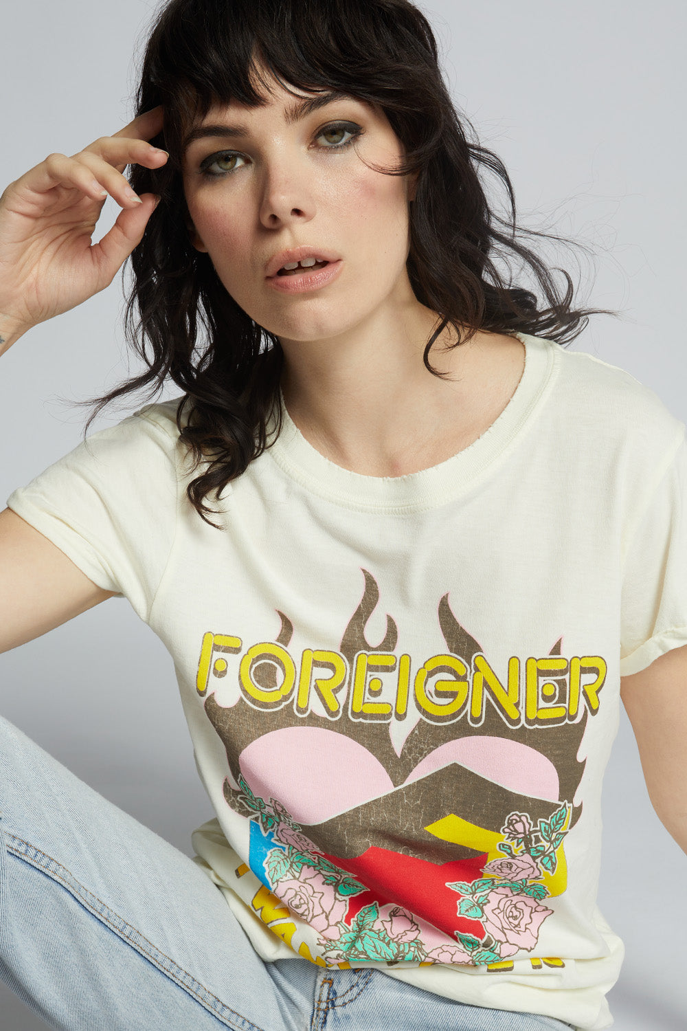 Women's Foreigner What Love Is T-shirt with burning heart and roses graphic