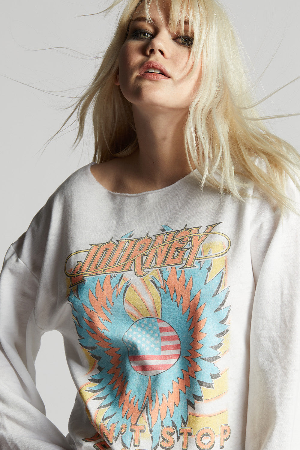 Women's Journey Don't Stop Believin' Bell Sleeve Top in White