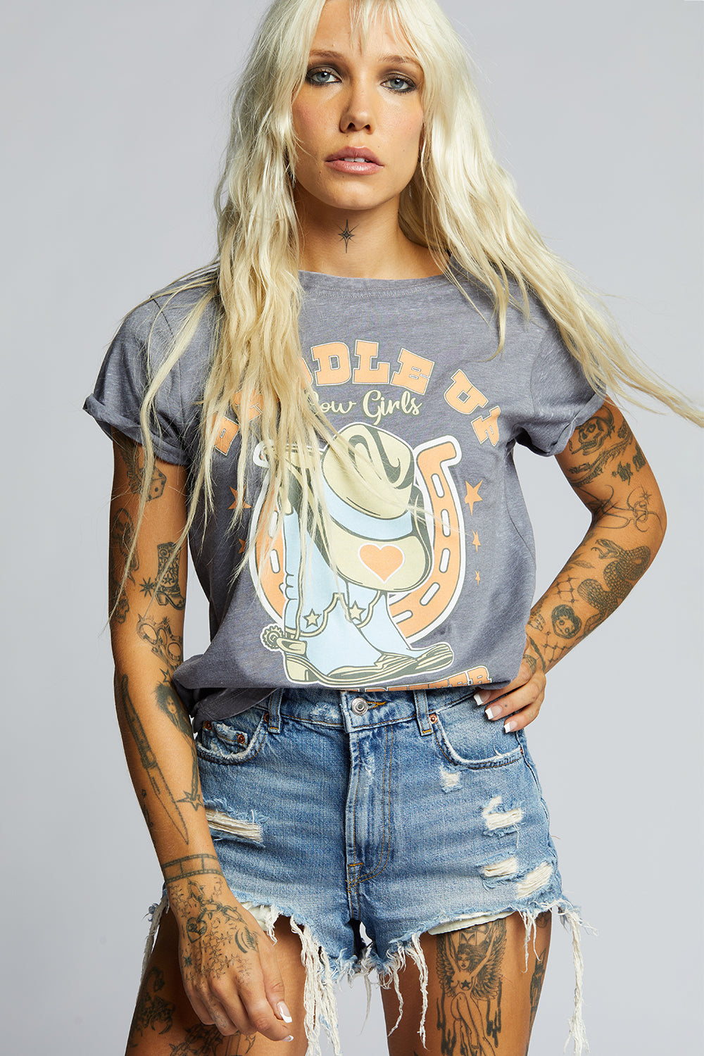 Women's Saddle Up Cowgirls T-shirt in Steel Gray with 'Ride It Better' graphic