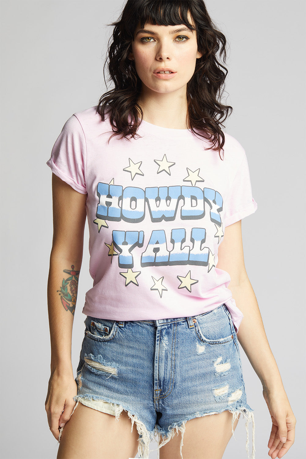 Women's Howdy Y'all T-shirt in Bubblegum Pink with stars graphic