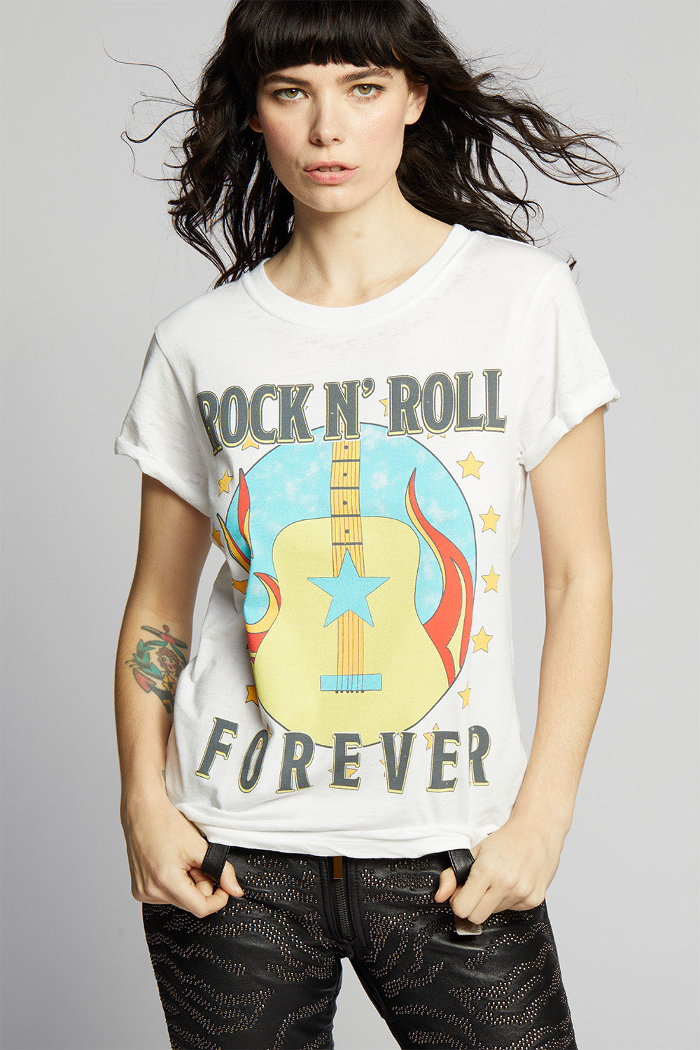 White Women's Rock 'N' Roll Forever T-shirt with fiery guitar and stars graphic