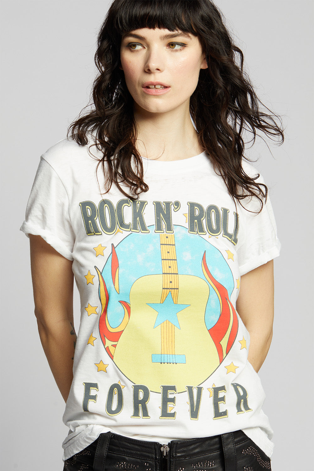 White Women's Rock 'N' Roll Forever T-shirt with fiery guitar and stars graphic