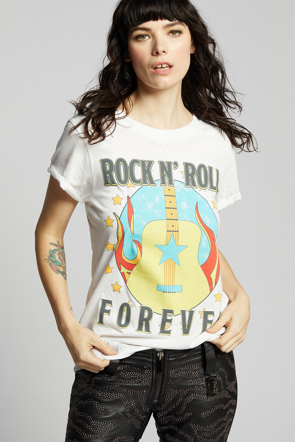White Women's Rock 'N' Roll Forever T-shirt with fiery guitar and stars graphic