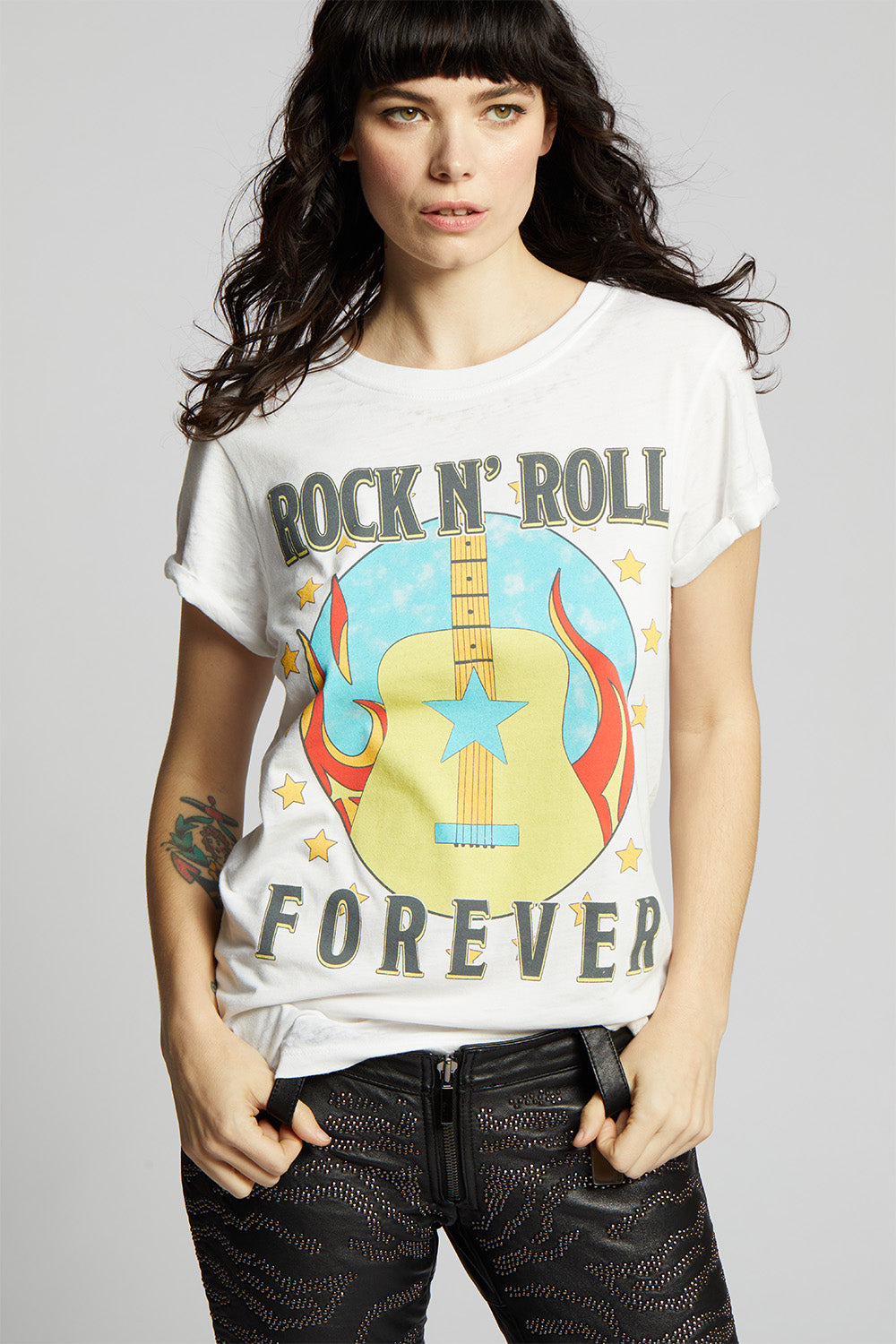 White Women's Rock 'N' Roll Forever T-shirt with fiery guitar and stars graphic