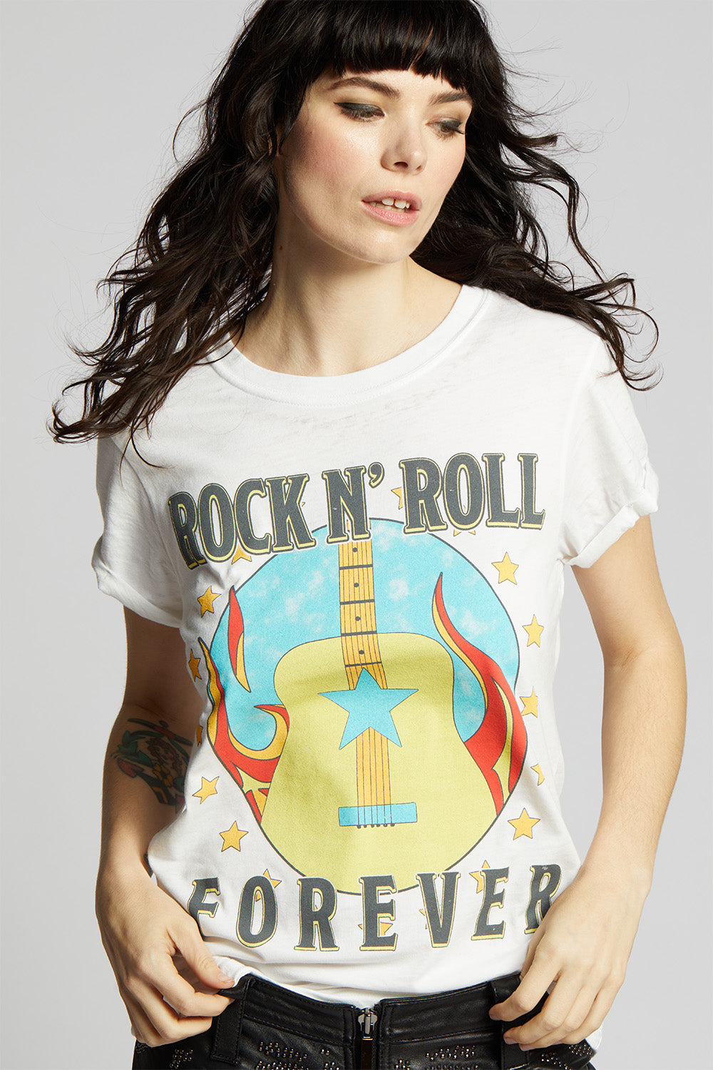 White Women's Rock 'N' Roll Forever T-shirt with fiery guitar and stars graphic