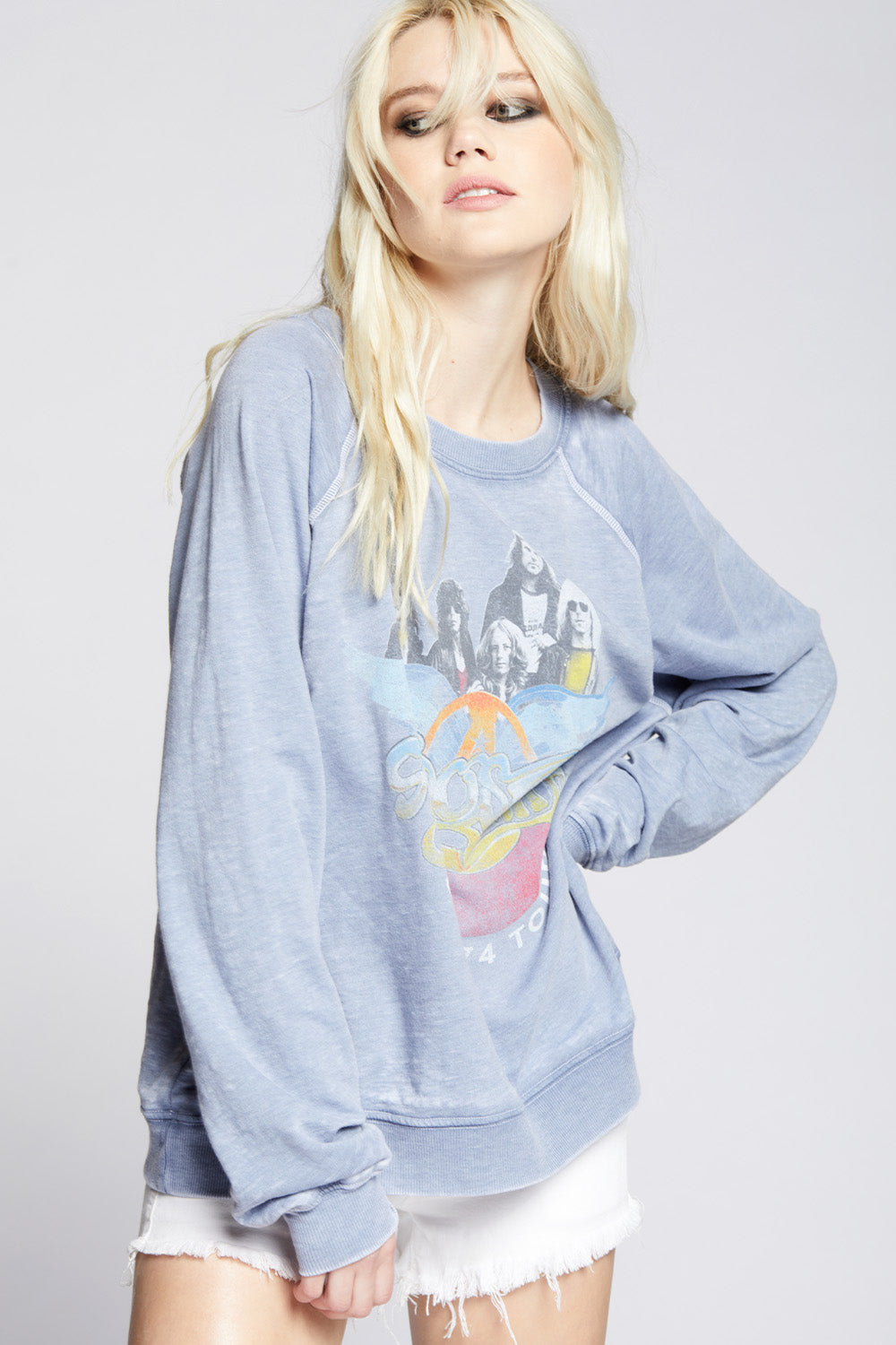 Women's Aerosmith U.S. '74 Tour Sweatshirt in Vintage Blue with band photo