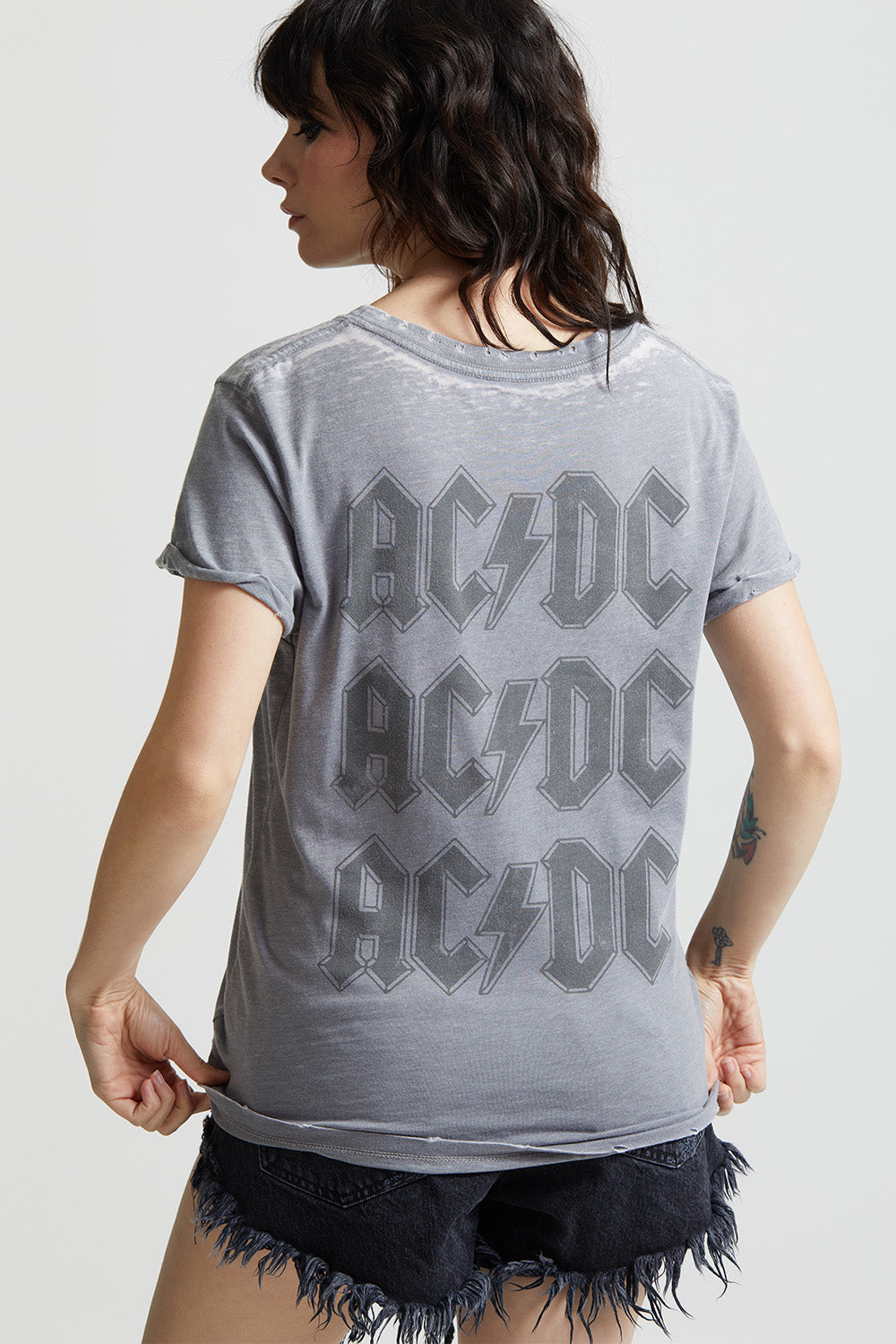 Steel Gray Classic AC/DC Logo And Bolt Graphic Fitted T-Shirt