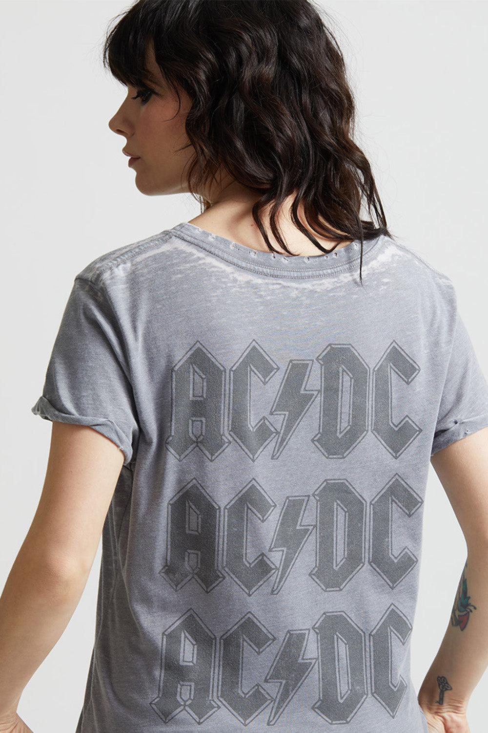 Steel Gray Classic AC/DC Logo And Bolt Graphic Fitted T-Shirt