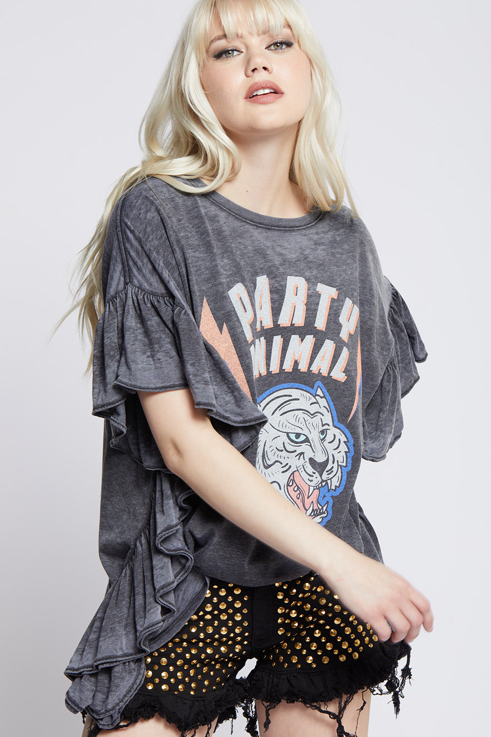 Party Animal Ruffle Tee in Black with wildcat graphic