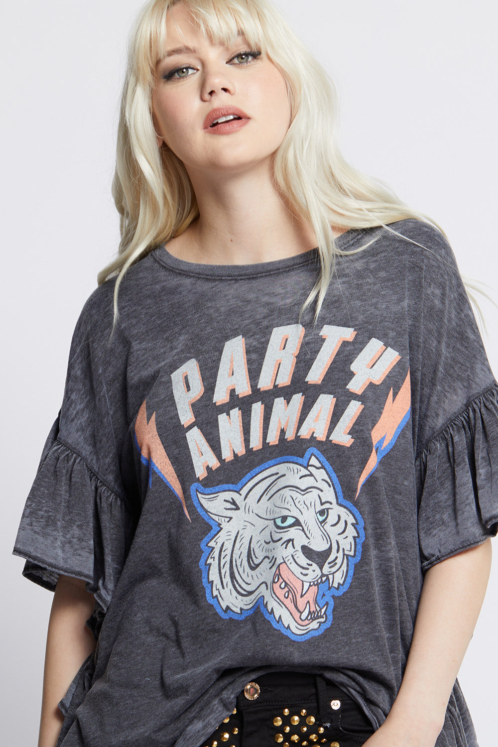 Party Animal Ruffle Tee in Black with wildcat graphic