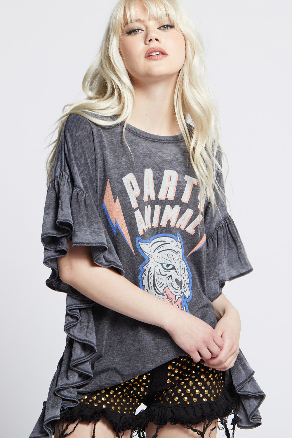 Party Animal Ruffle Tee in Black with wildcat graphic