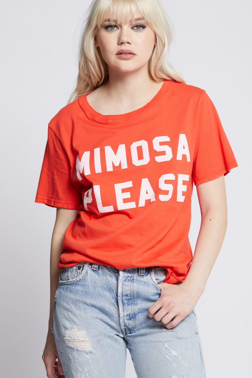 Women's Mimosa Please Oversized T-shirt in Paprika with text graphic