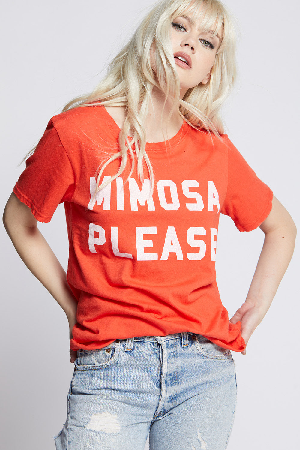 Women's Mimosa Please Oversized T-shirt in Paprika with text graphic