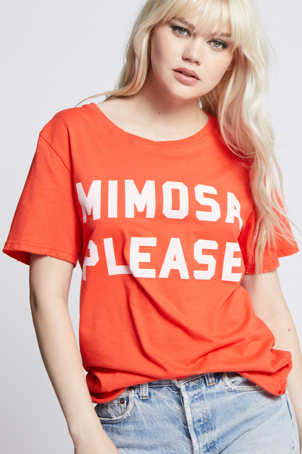 Women's Mimosa Please Oversized T-shirt in Paprika with text graphic