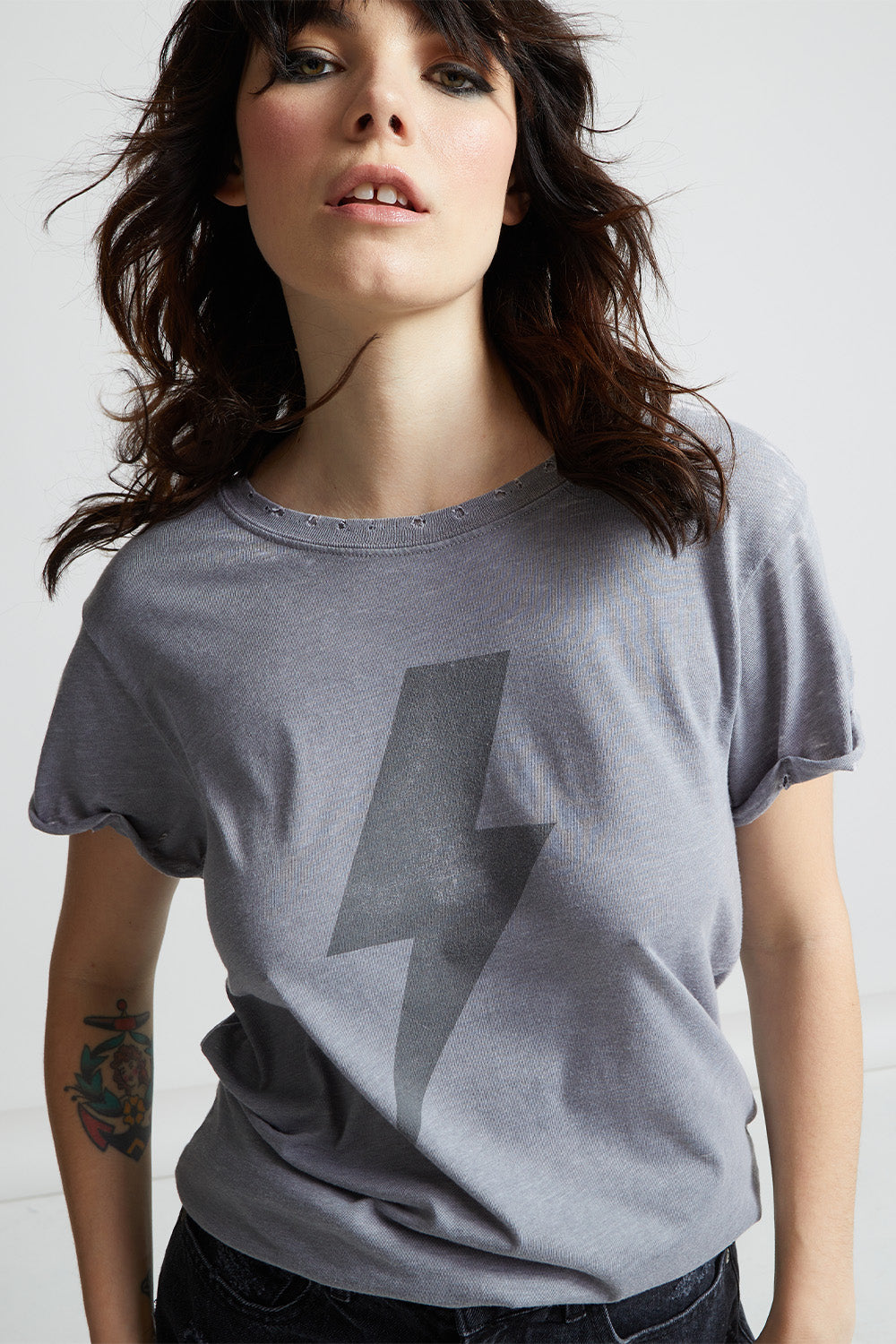 Steel Gray Classic AC/DC Logo And Bolt Graphic Fitted T-Shirt