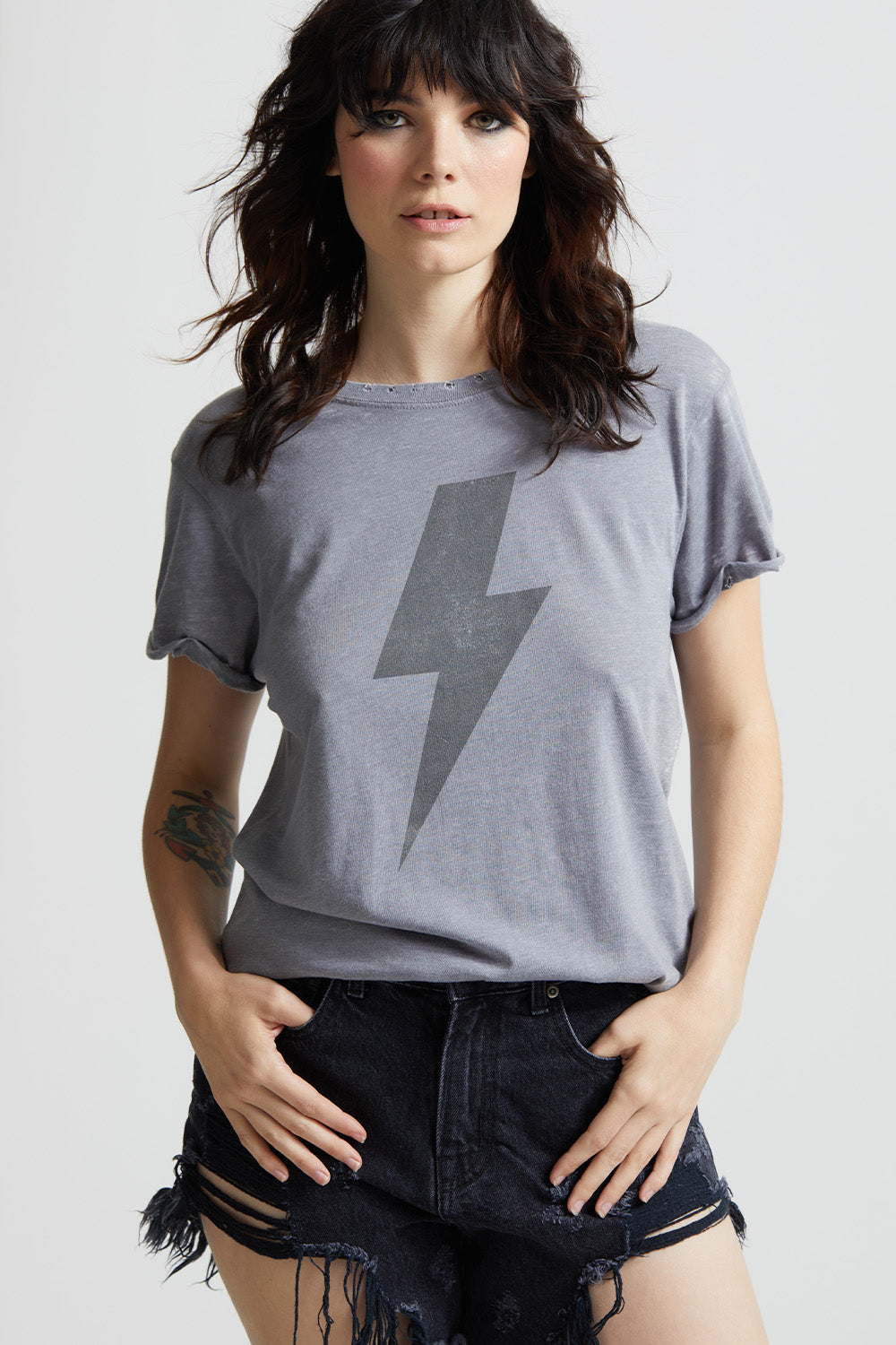 Steel Gray Classic AC/DC Logo And Bolt Graphic Fitted T-Shirt