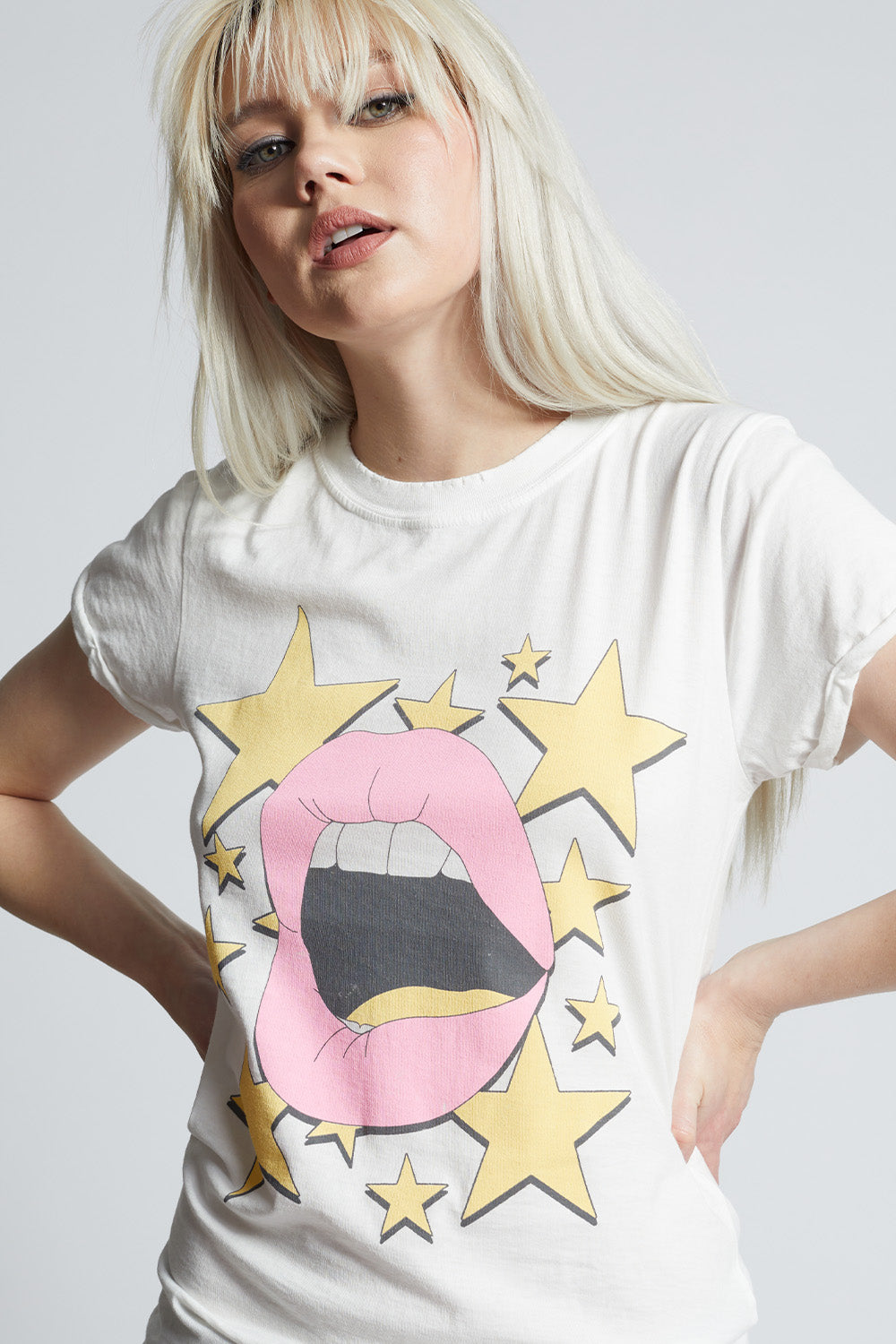 Women's Rock Stars Never Die Lips T-shirt in White with rocker lips and stars graphic
