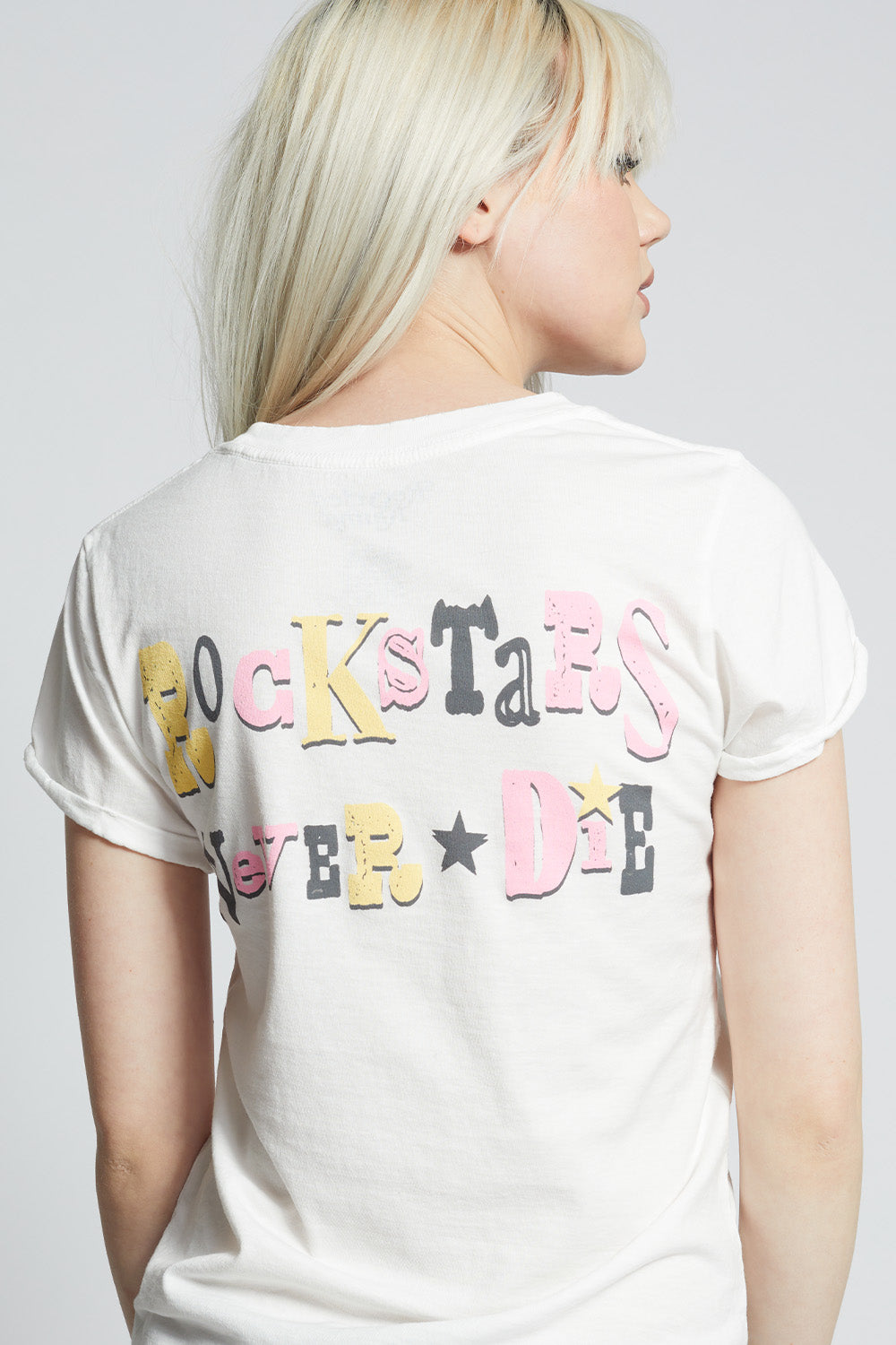 Women's Rock Stars Never Die Lips T-shirt in White with rocker lips and stars graphic