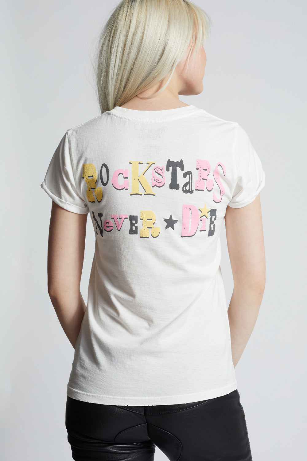 Women's Rock Stars Never Die Lips T-shirt in White with rocker lips and stars graphic