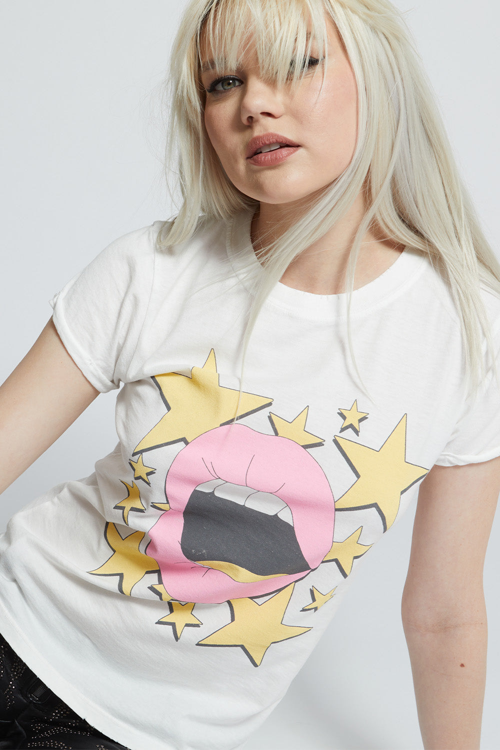 Women's Rock Stars Never Die Lips T-shirt in White with rocker lips and stars graphic