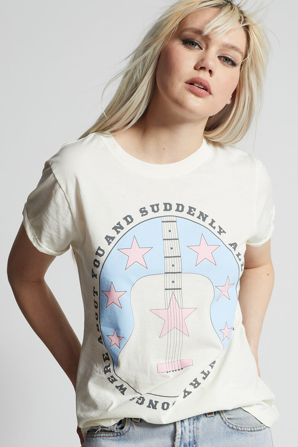 Women's Country Songs About You T-shirt in Pearl with guitar, stars, and "Nashville, Tennessee" graphics