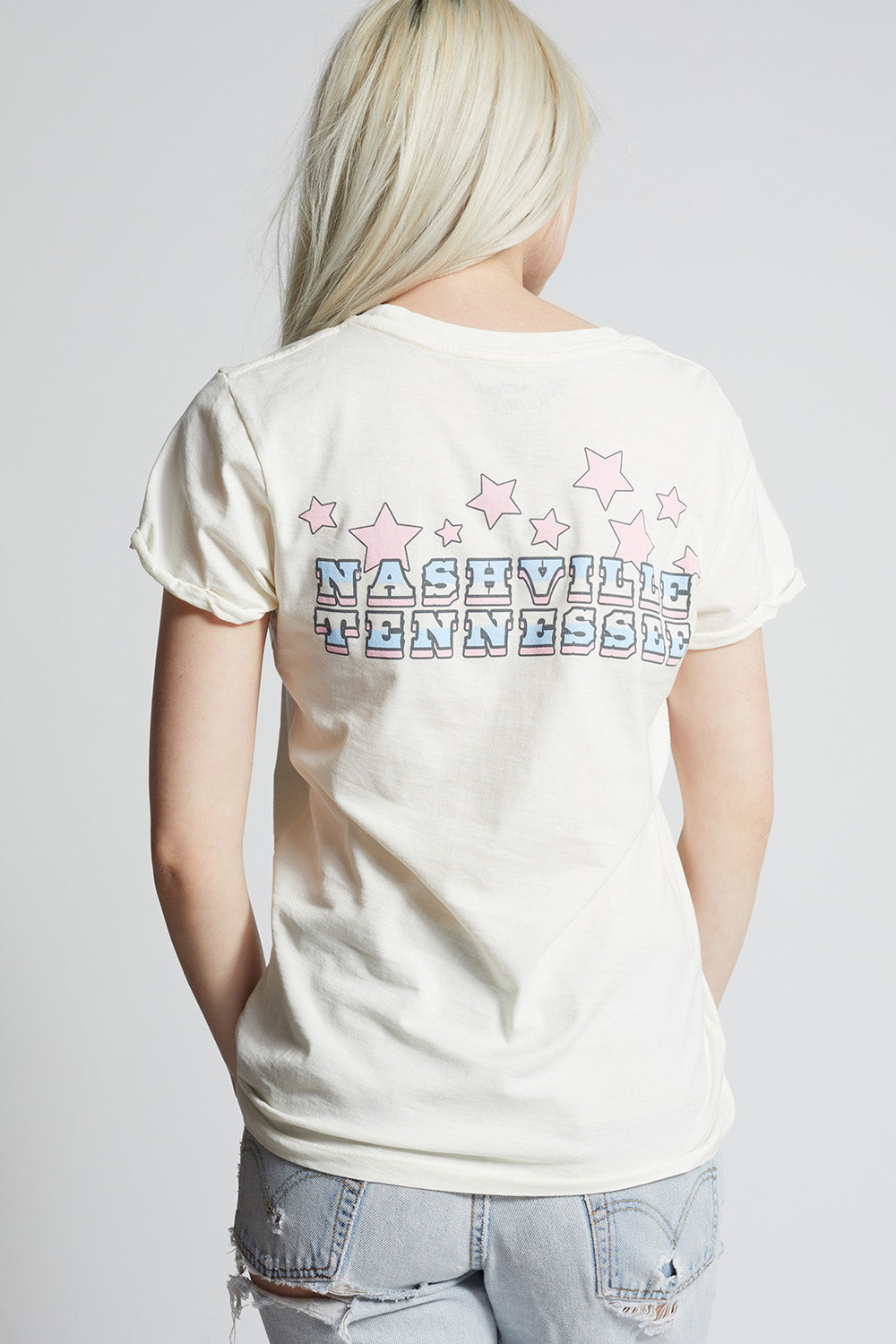 Women's Country Songs About You T-shirt in Pearl with guitar, stars, and "Nashville, Tennessee" graphics