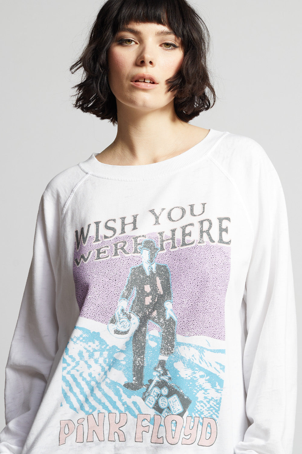 Women's Pink Floyd Wish You Were Here Sweatshirt in White with album graphics