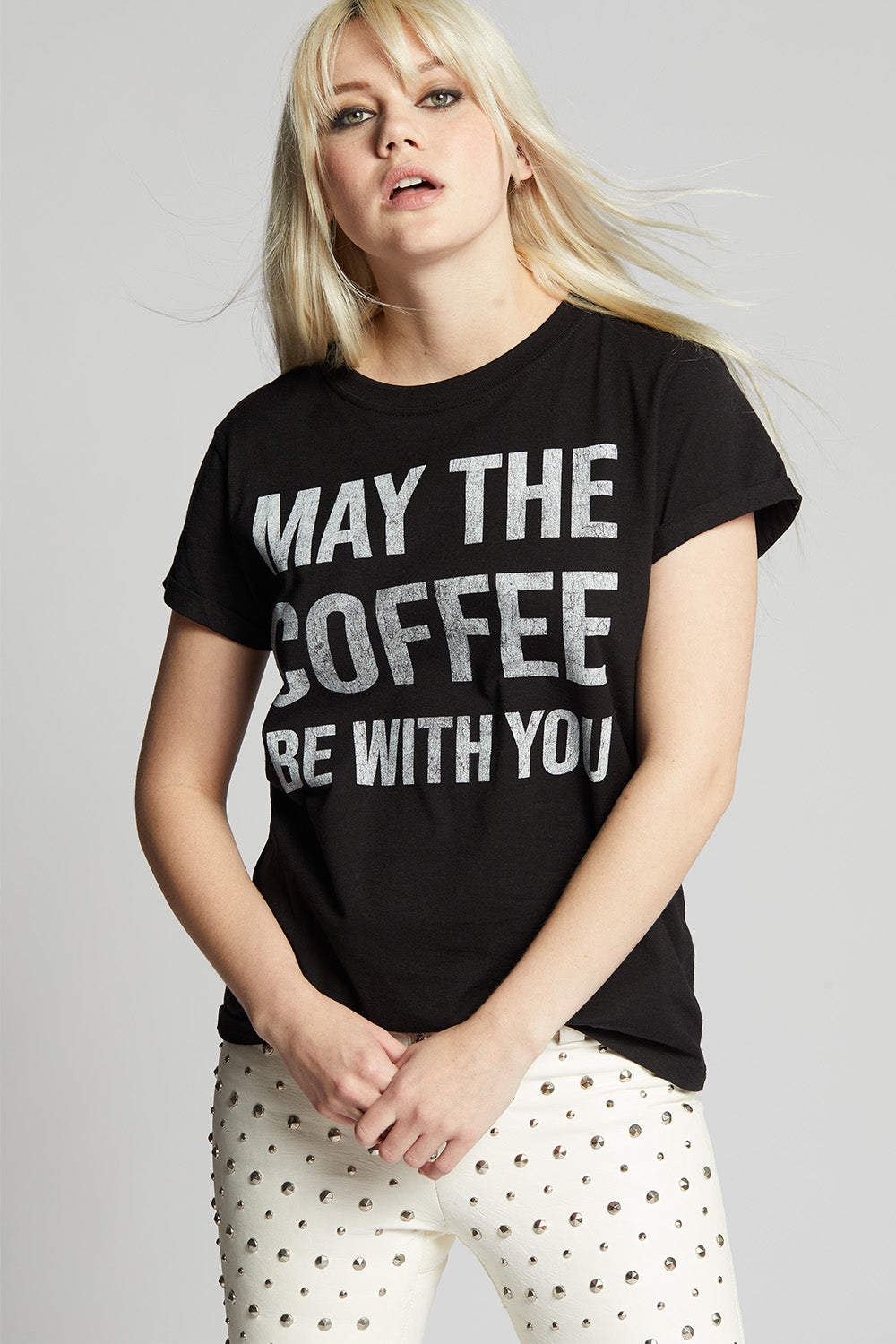 Women's Coffee With You T-shirt in Black with "May The Coffee Be With You" graphic