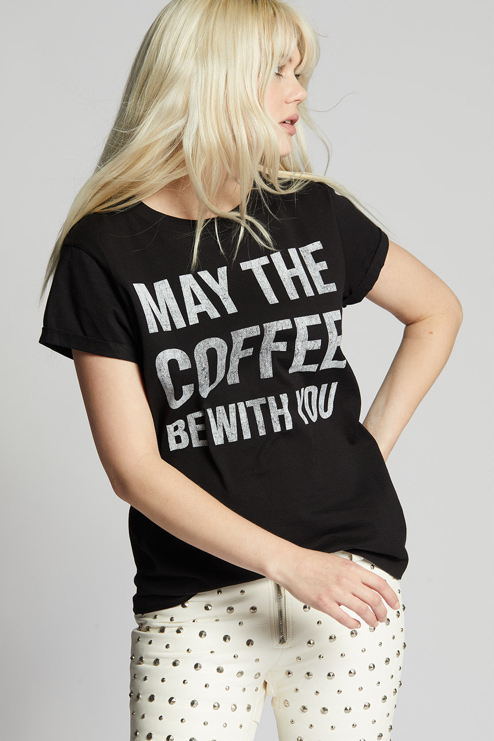 Women's Coffee With You T-shirt in Black with "May The Coffee Be With You" graphic