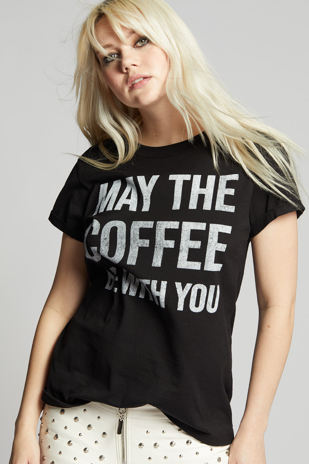 Women's Coffee With You T-shirt in Black with "May The Coffee Be With You" graphic